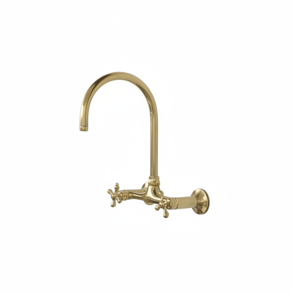Vintage Brass Wall-Mount Kitchen Faucet – 8” Spread