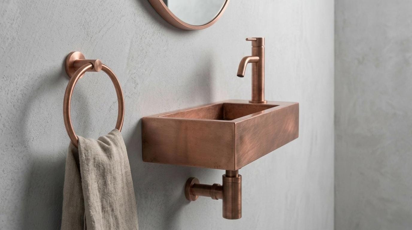 Vintage Copper Sink, Smooth Wall Mounted Basin, Industrial Floating Washbasin, Right Deck Metal Sink, Bespoke Powder Room Sink