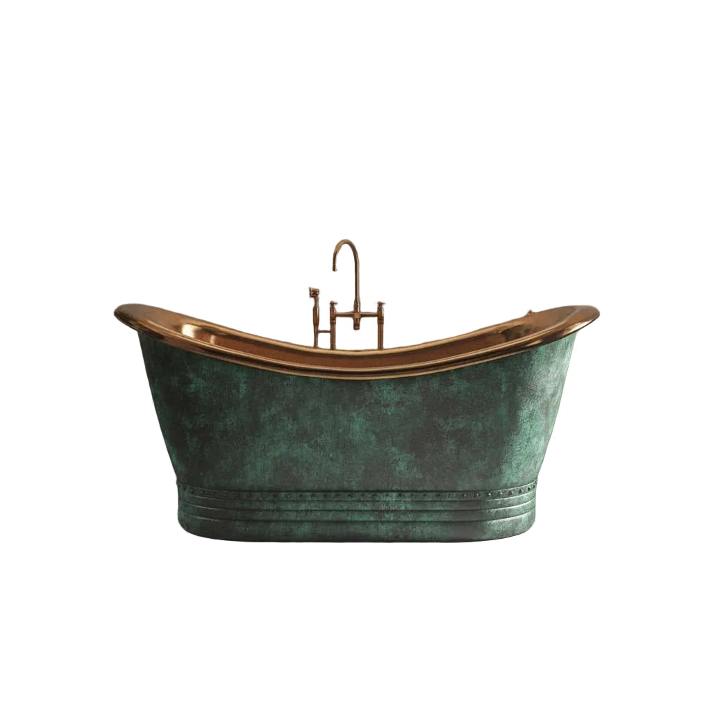 Vintage Green Copper Bathtub with Brass Interior – Freestanding Double Slipper Tub