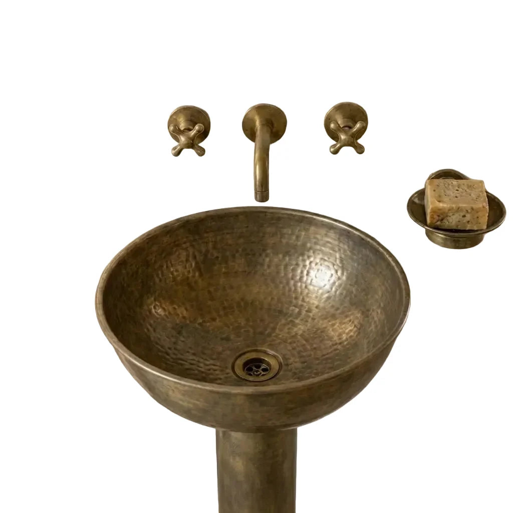 Vintage Hammered Patina Brass Pedestal Sink