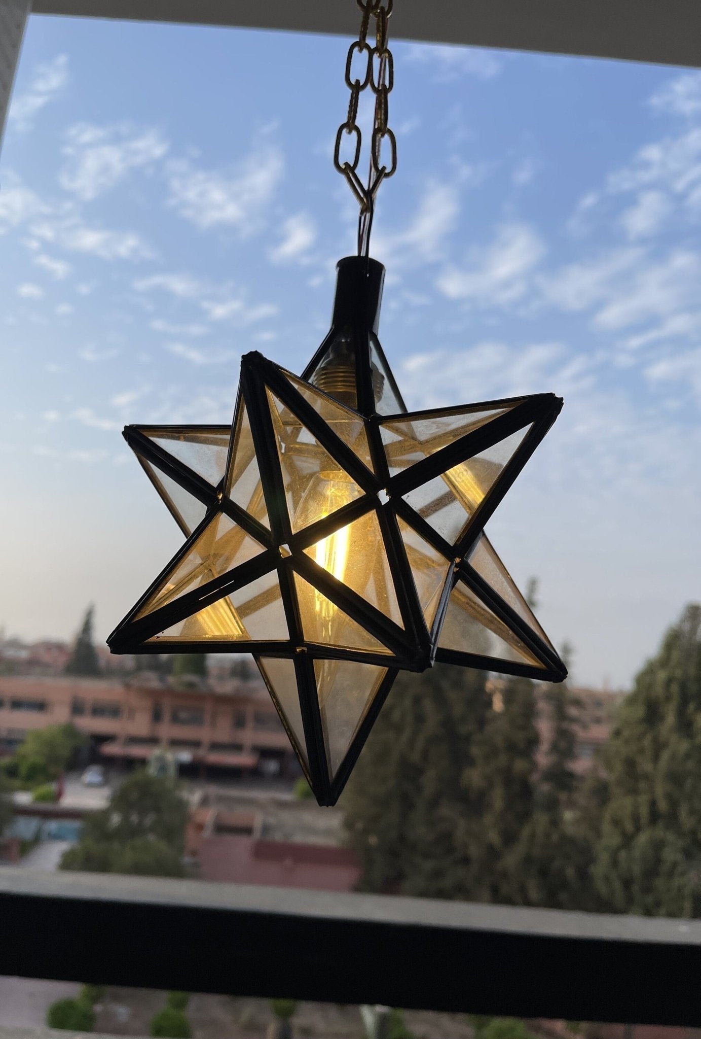 Vintage Star Pendant Light - Clear Glass & Brass Filigree Lamp