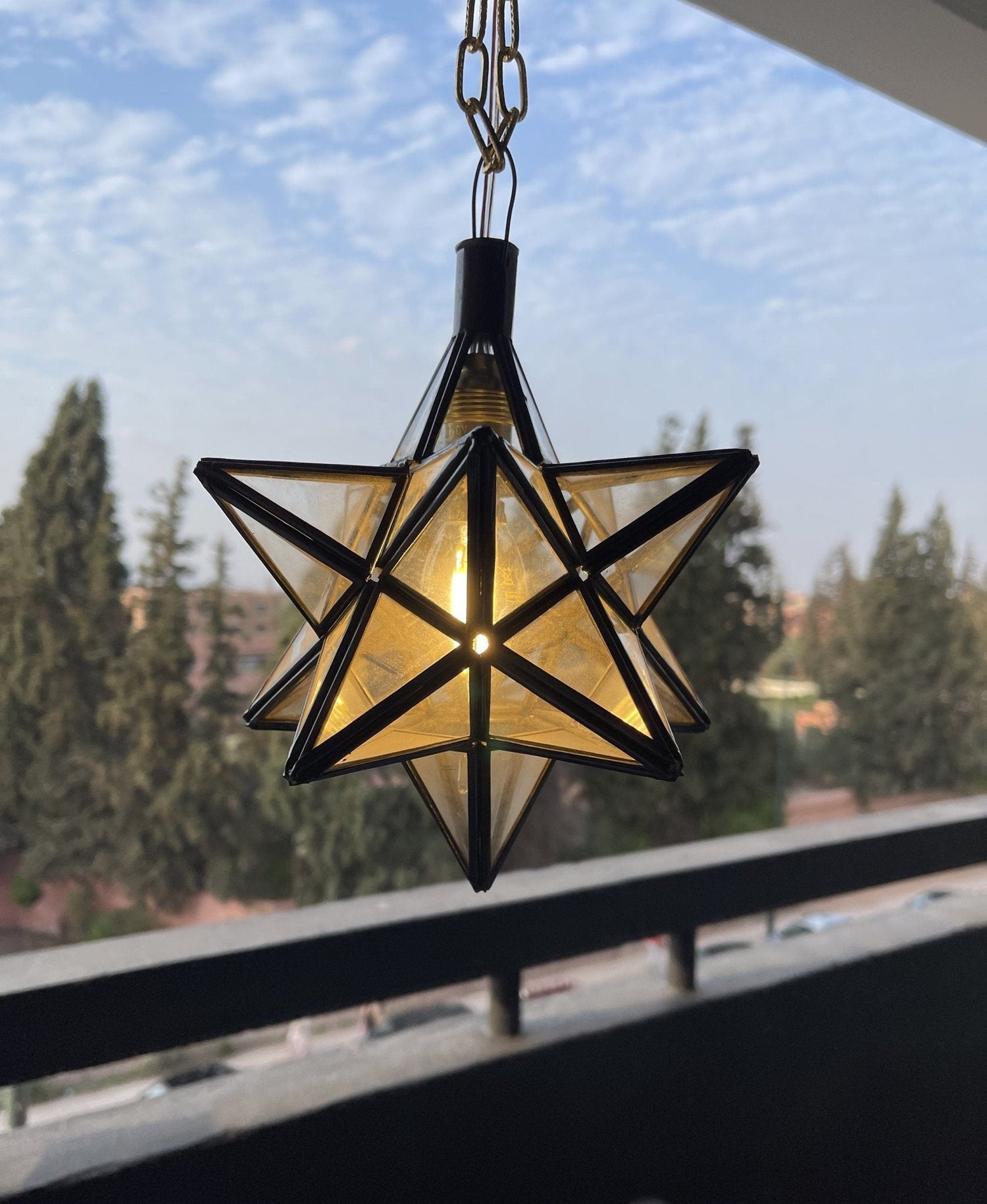 Vintage Star Pendant Light - Clear Glass & Brass Filigree Lamp