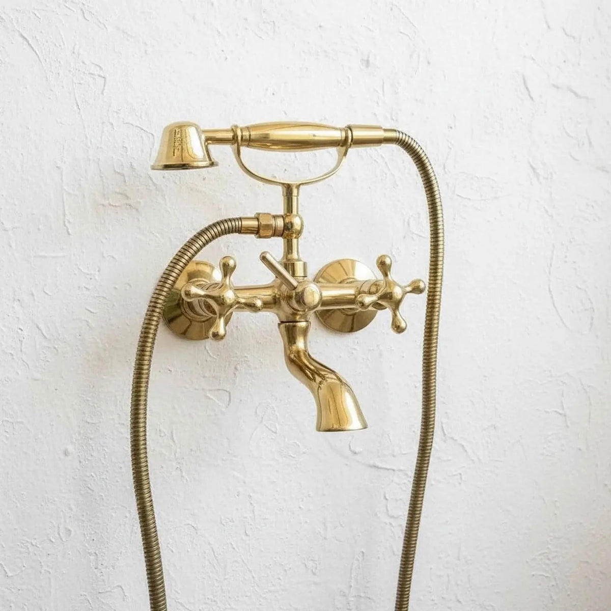 Vintage Unlacquered Brass Wall Mount Faucet with Hand Shower