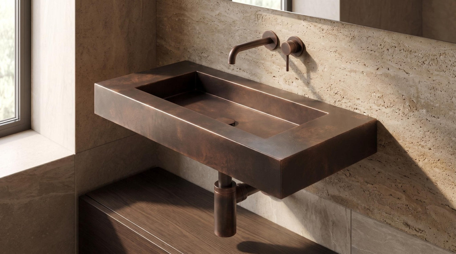 Wall Mounted Copper Sink, Antique Copper Bathroom Sink, Floating Vanity Sink, Handmade Rectangular Washbasin, Dark Patina Powder Room Sink