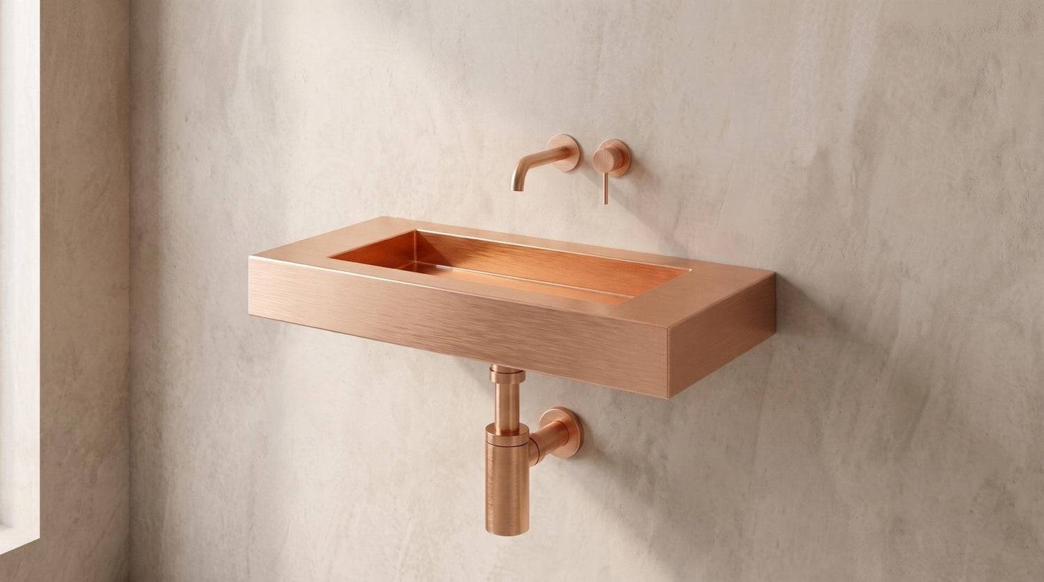 Wall Mounted Copper Sink, Brushed Copper Bathroom Sink, Floating Vanity Washbasin, Rose Gold Powder Room Sink, Handmade Rectangular Basin