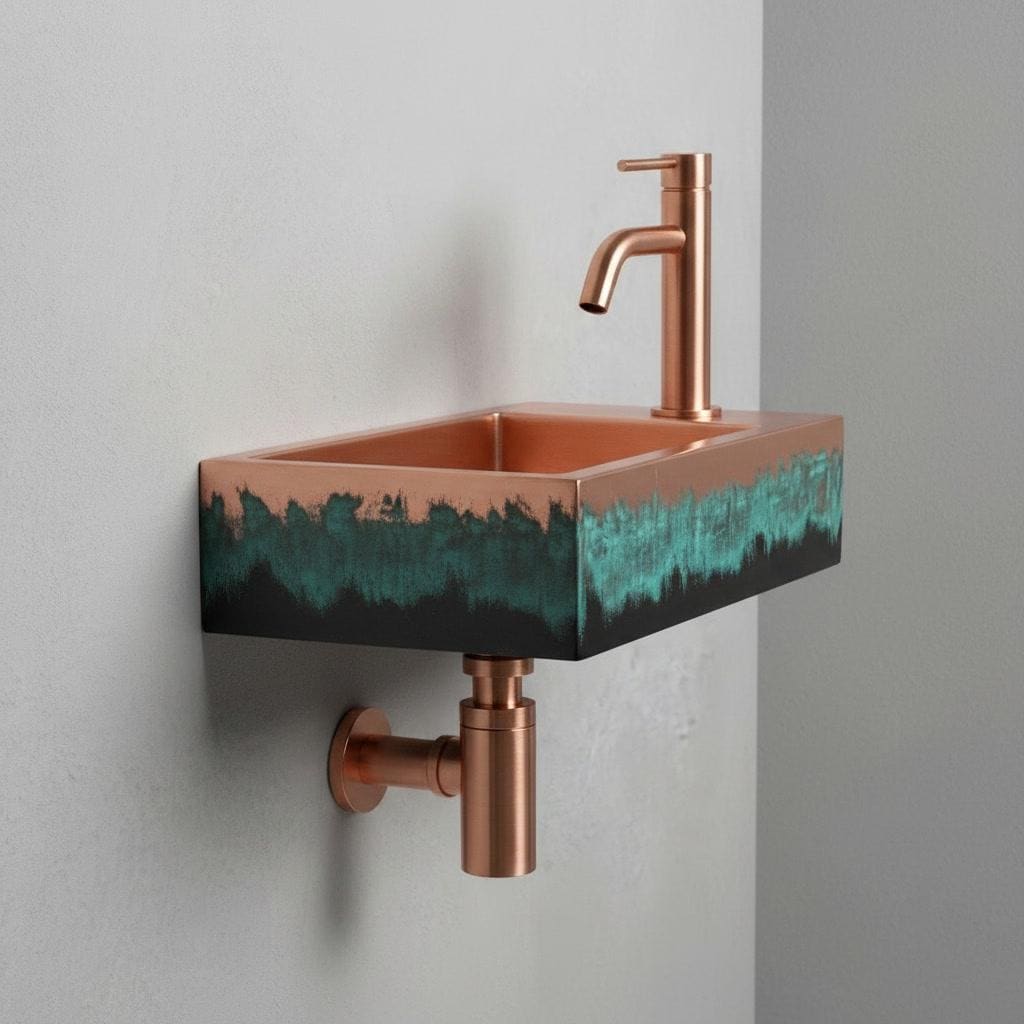 Wall Mounted Copper Sink, Floating Basin, Verdigris Bathroom Washbasin, Custom Artistic Metal Vanity, Smooth Rectangular Sink
