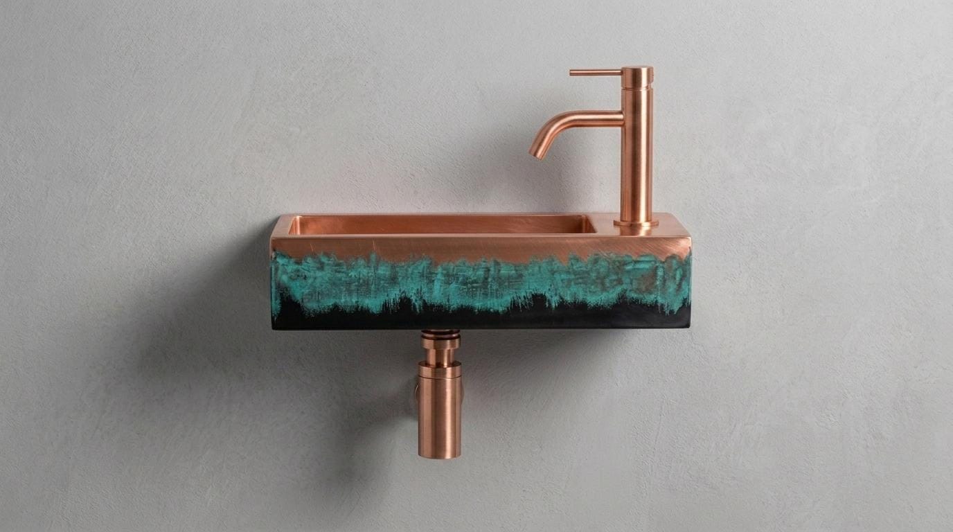 Wall Mounted Copper Sink, Floating Basin, Verdigris Bathroom Washbasin, Custom Artistic Metal Vanity, Smooth Rectangular Sink
