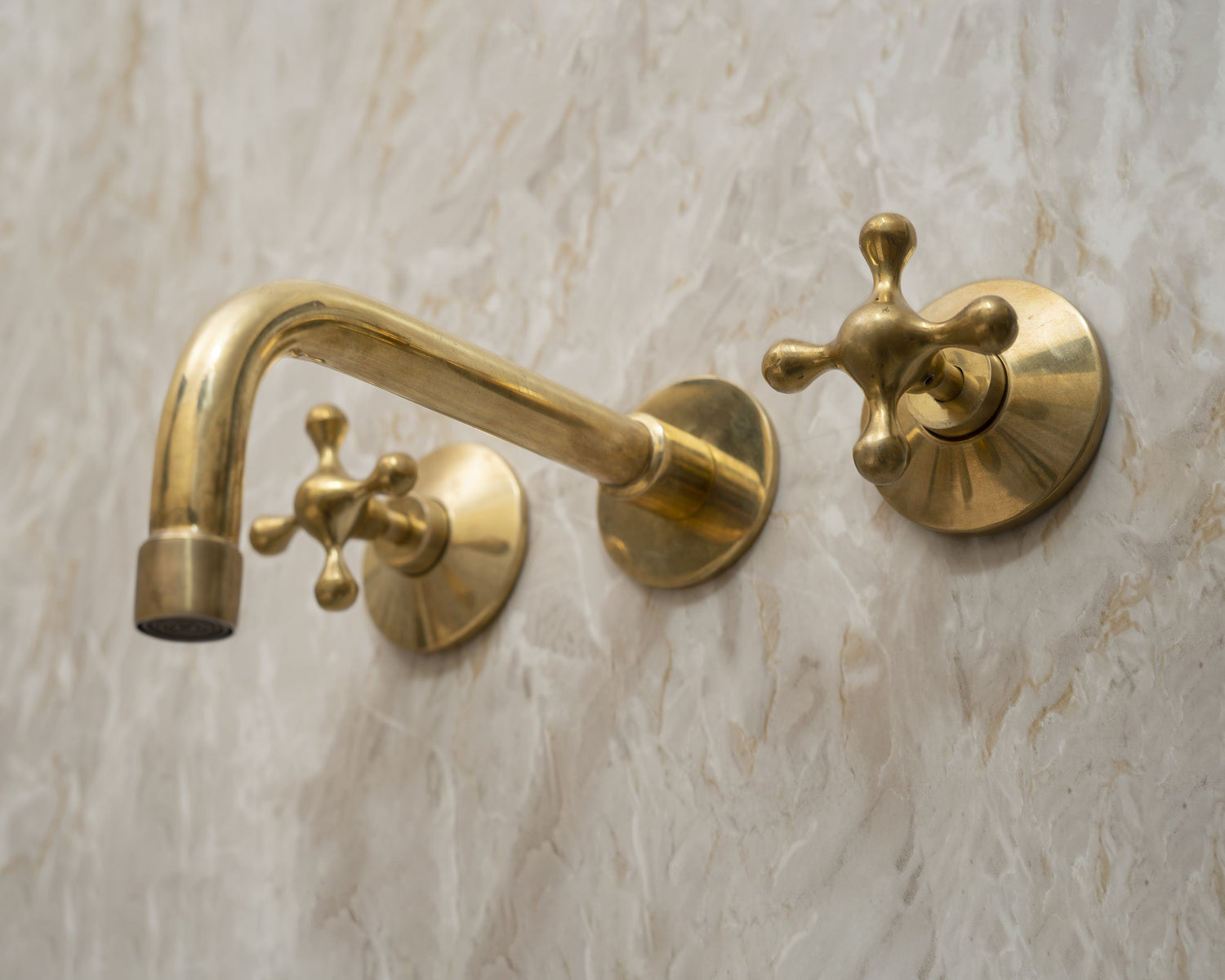 Handcrafted Three-Hole Unlacquered Brass Wall Mounted Vanity Faucet