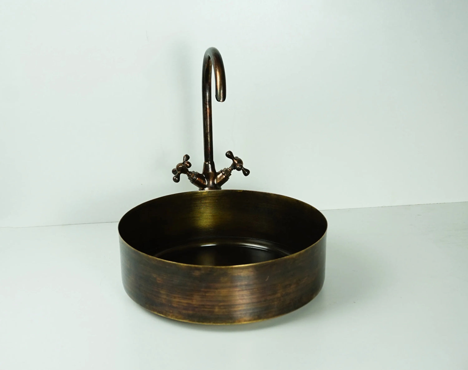 Rustic Brass Vessel Sink with Faucet – Oil Rubbed Bronze Round Bathroom Basin
