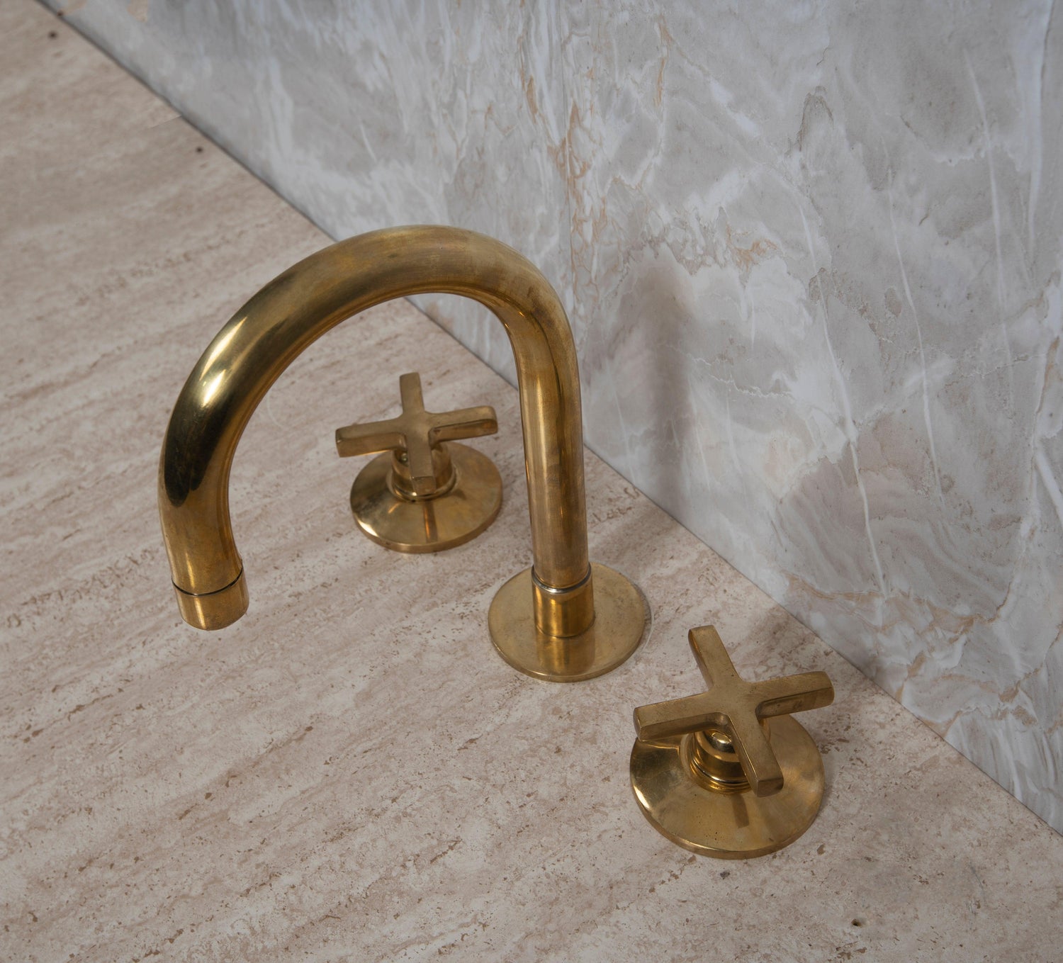 Unlacquered Brass Widespread Bathroom Faucet with Cross Handles