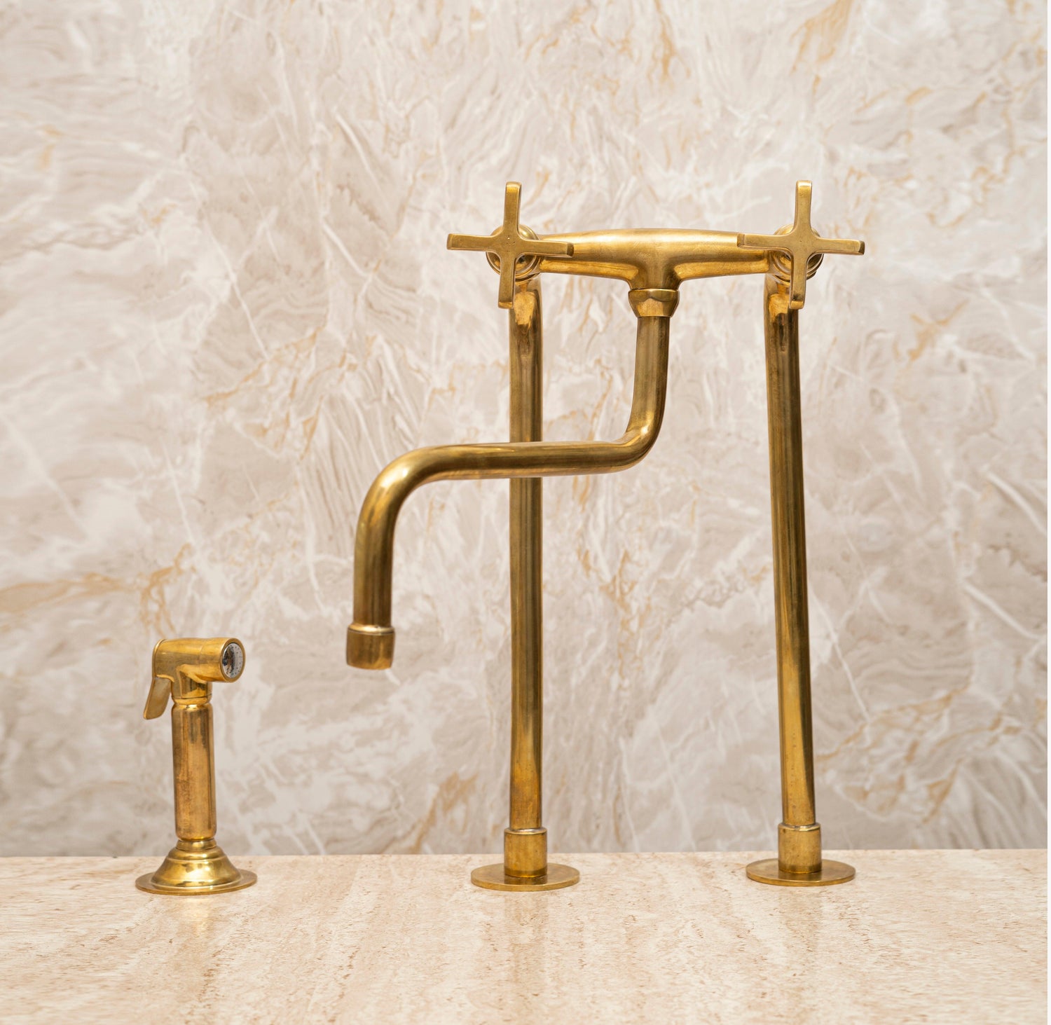 Unlacquered Brass Bridge Kitchen Faucet – Tall Farmhouse Sink Tap with Cross Handles & Sprayer