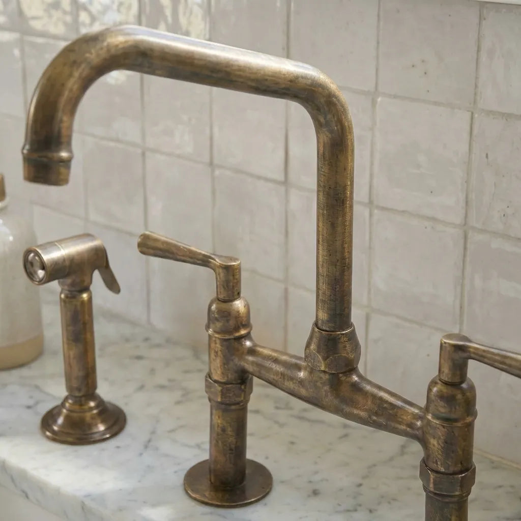 Handmade Antique Brass Bridge Kitchen Faucet