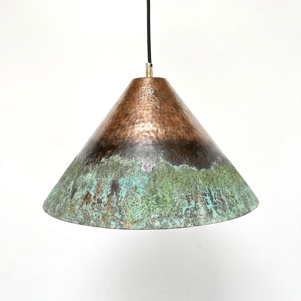 Handmade Copper Cone Pendant Light – Green Patina Rustic Lamp