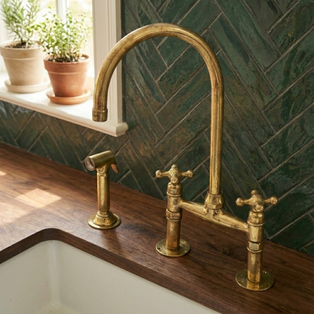 Traditional High-Arc Unlacquered Brass Bridge Kitchen Faucet