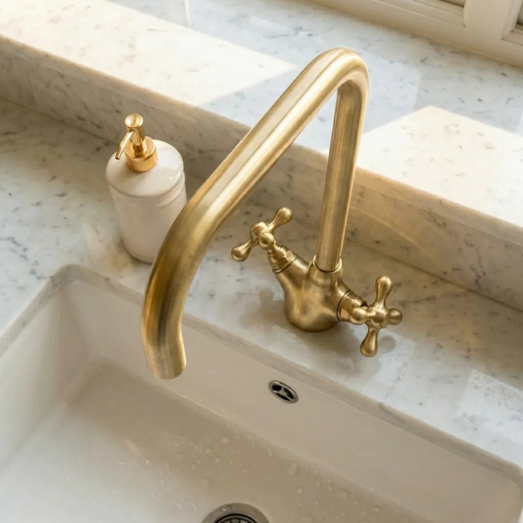 Solid Brass Gooseneck Bathroom Faucet Single Hole With Cross Handles