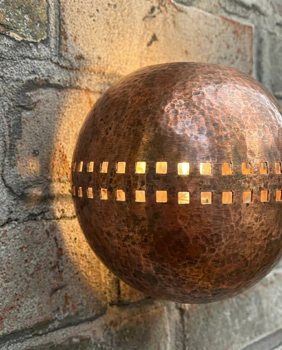Hammered Copper Globe Wall Sconce – Square Cutout Rustic Light