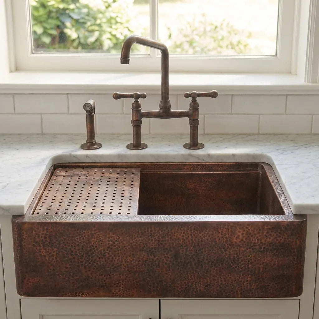 Aged Copper Patina farmhouse sink with flat grid