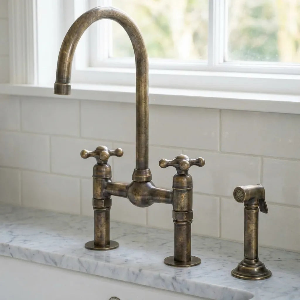 Handmade Antique Brass Gooseneck Bridge Kitchen Faucet