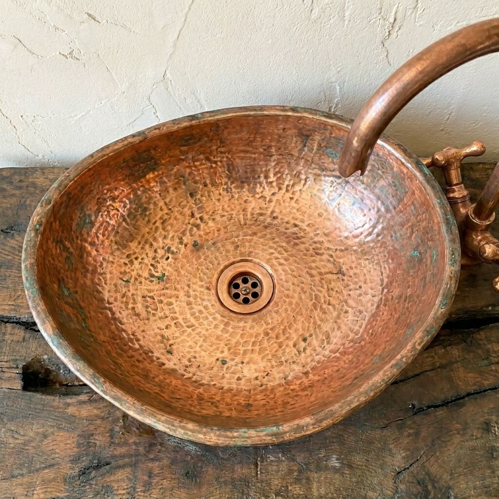 Handmade Hammered Copper Sink – Turquoise Patina Vessel Basin