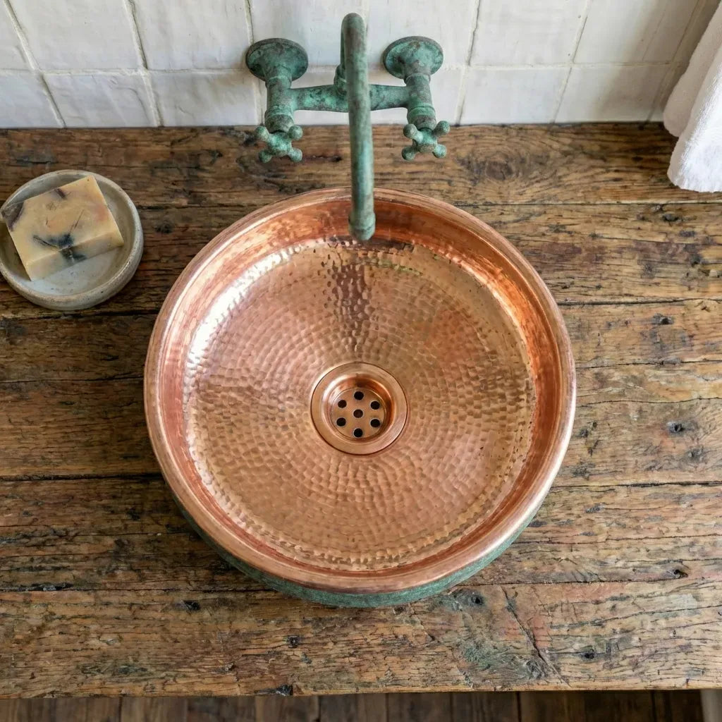 Hammered Copper Vessel Sink – Oxidized Verdigris Bathroom Basin