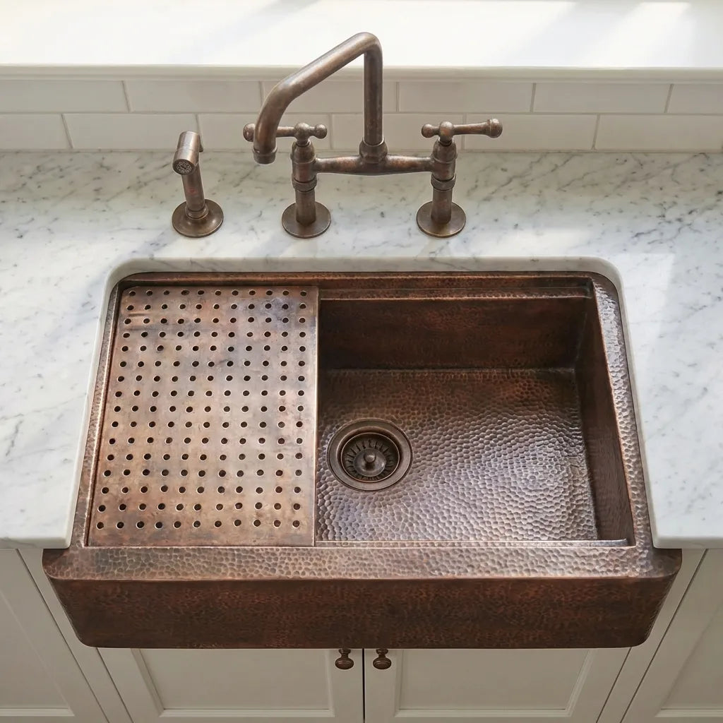 Aged Copper Patina farmhouse sink with flat grid