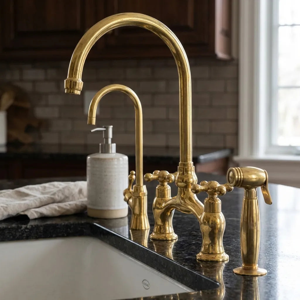 Victorian Unlacquered Brass Bridge Faucet With Side Sprayer