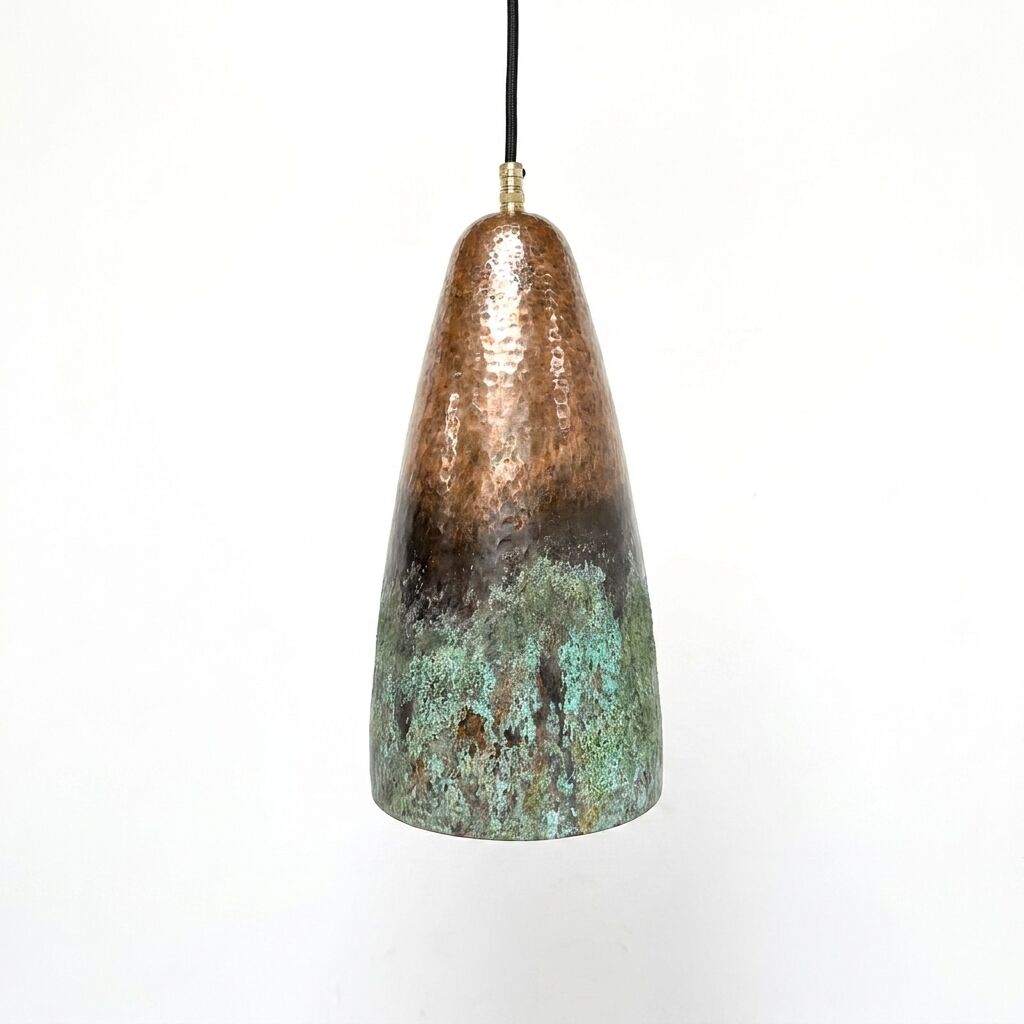 Set of 3 Long Drop Copper Pendants – Green Patina Farmhouse Lighting