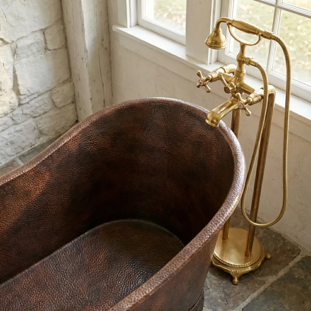 Vintage Hammered Copper Freestanding Bathtub – Rustic Farmhouse Soaking Tub