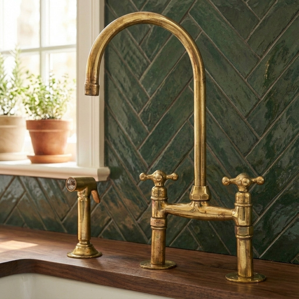 Traditional High-Arc Unlacquered Brass Bridge Kitchen Faucet