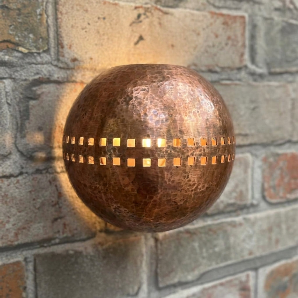 Hammered Copper Globe Wall Sconce – Square Cutout Rustic Light