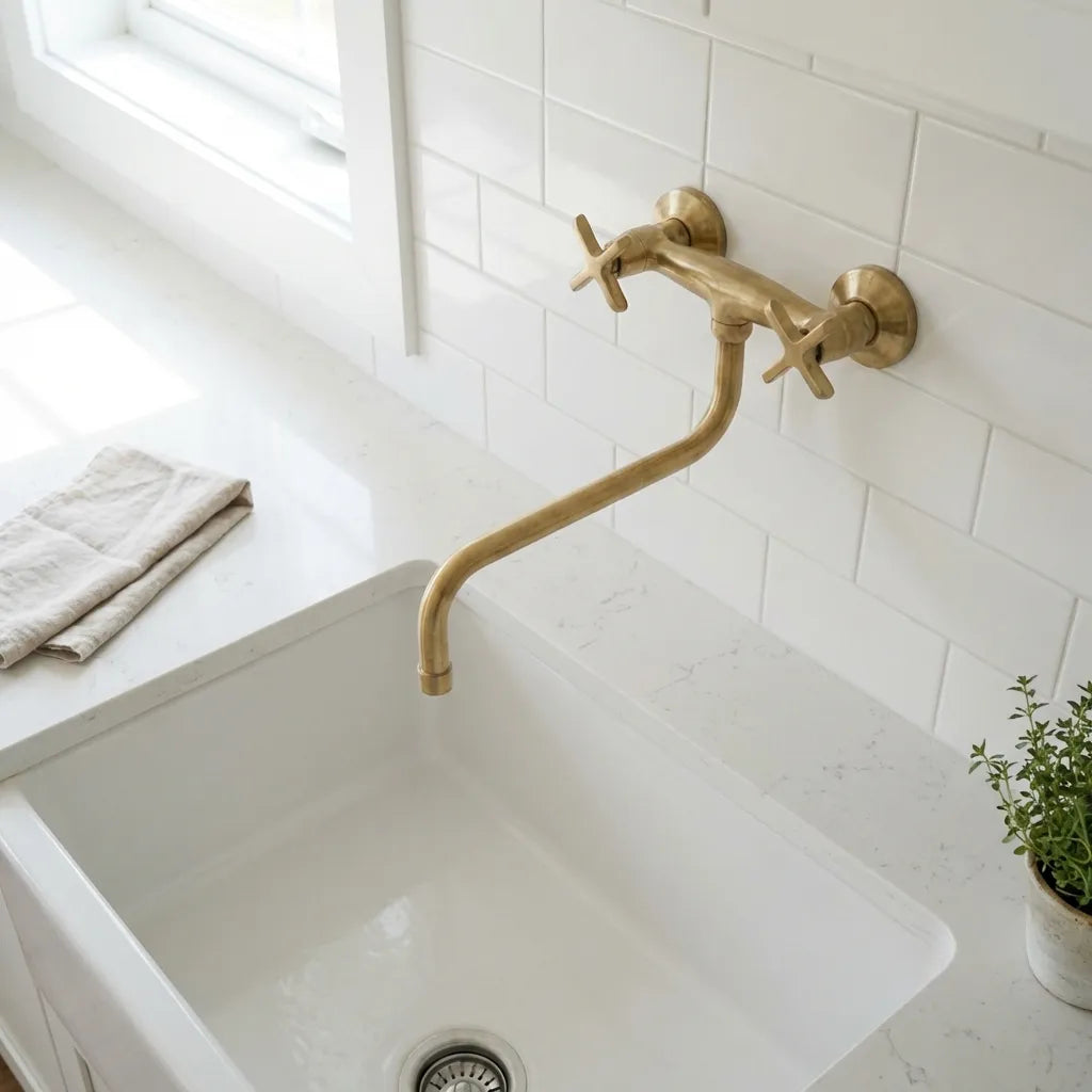 Unlacquered Brass Wall Mounted Kitchen Faucet