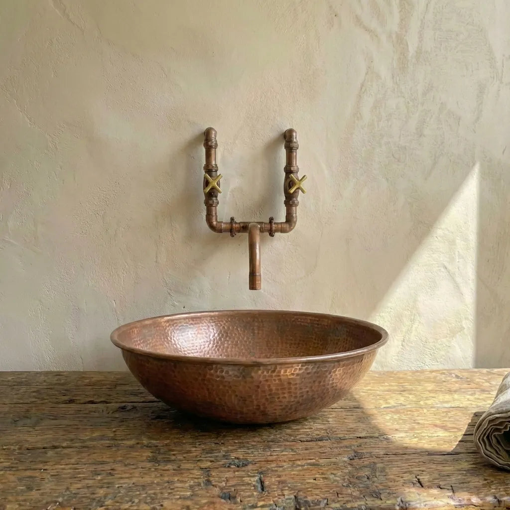 Round Copper Vessel Bathroom Sink, Vessel Hammered Copper Sink