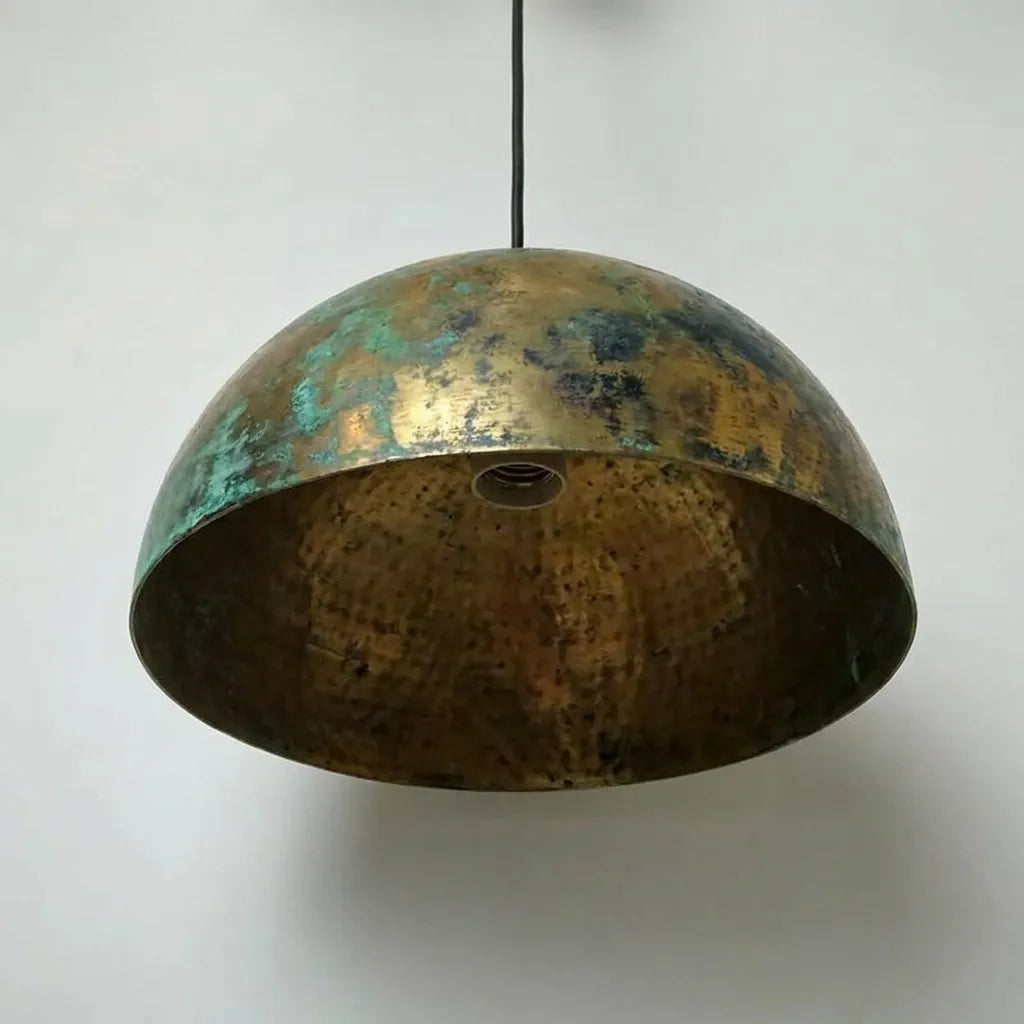 Rustic Brass Pendant Lamp with Green Verdigris Finish – Artisan Ceiling Light