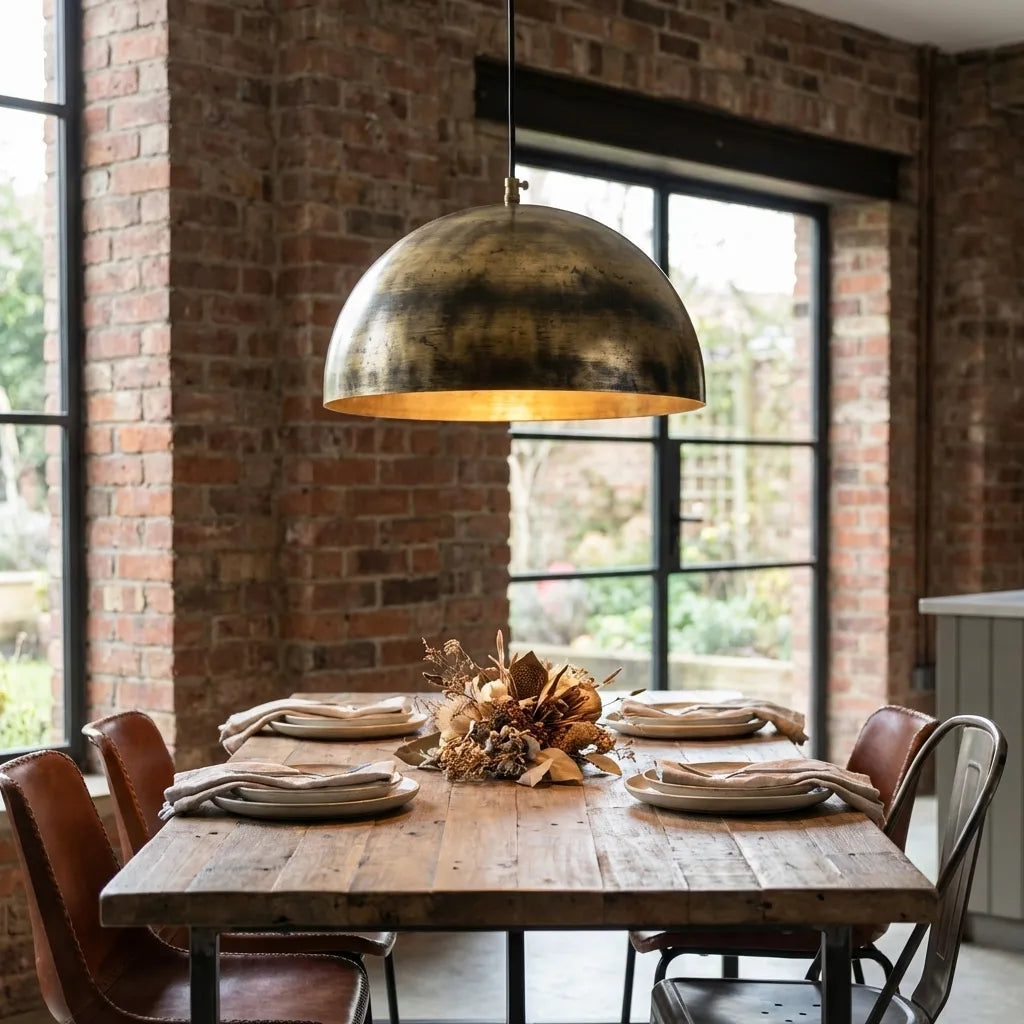 Vintage Industrial Ceiling Lamp, Antique Aged Brass Hanging Light Fixture for Kitchen Island & Dining Room