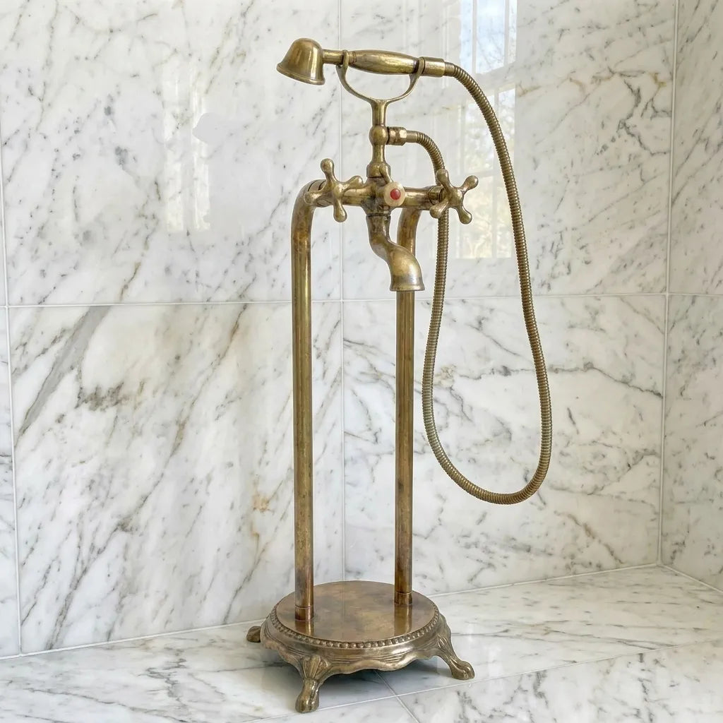 Vintage Antique Brass Freestanding Tub Filler with Handheld Shower – Solid Brass Floor Mount Bathtub Faucet
