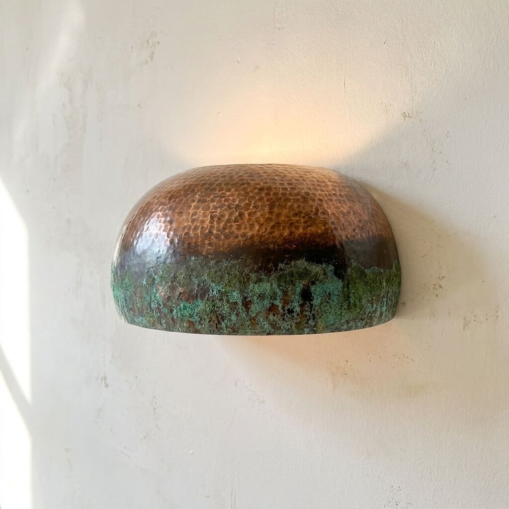 Hammered Copper Wall Sconce – Half Oxidized Green Patina Round Light