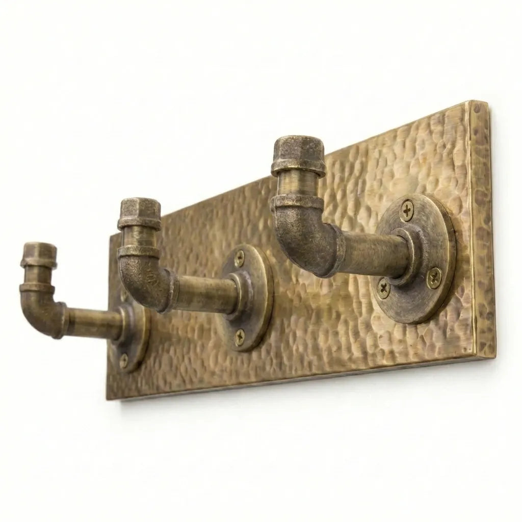 Antique Brass Pipe Coat & Towel Hooks on Hammered Backplate