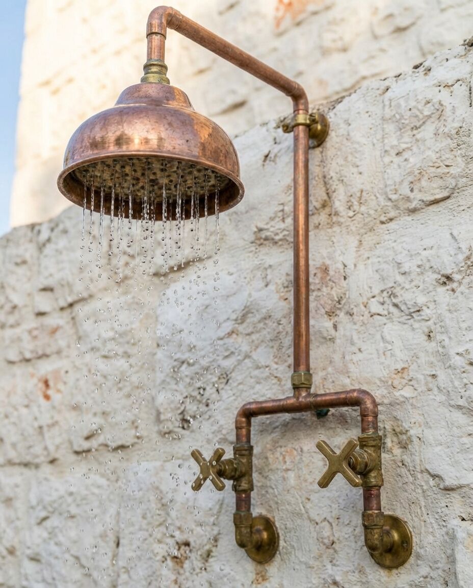 Handcrafted Outdoor Copper Rain Shower – Wall-Mounted Rustic Shower with Cross Handles