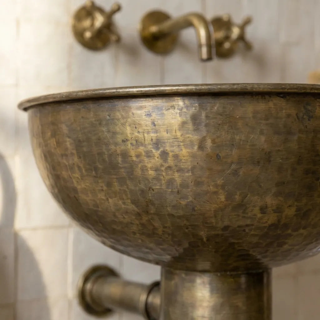 Vintage Hammered Patina Brass Pedestal Sink