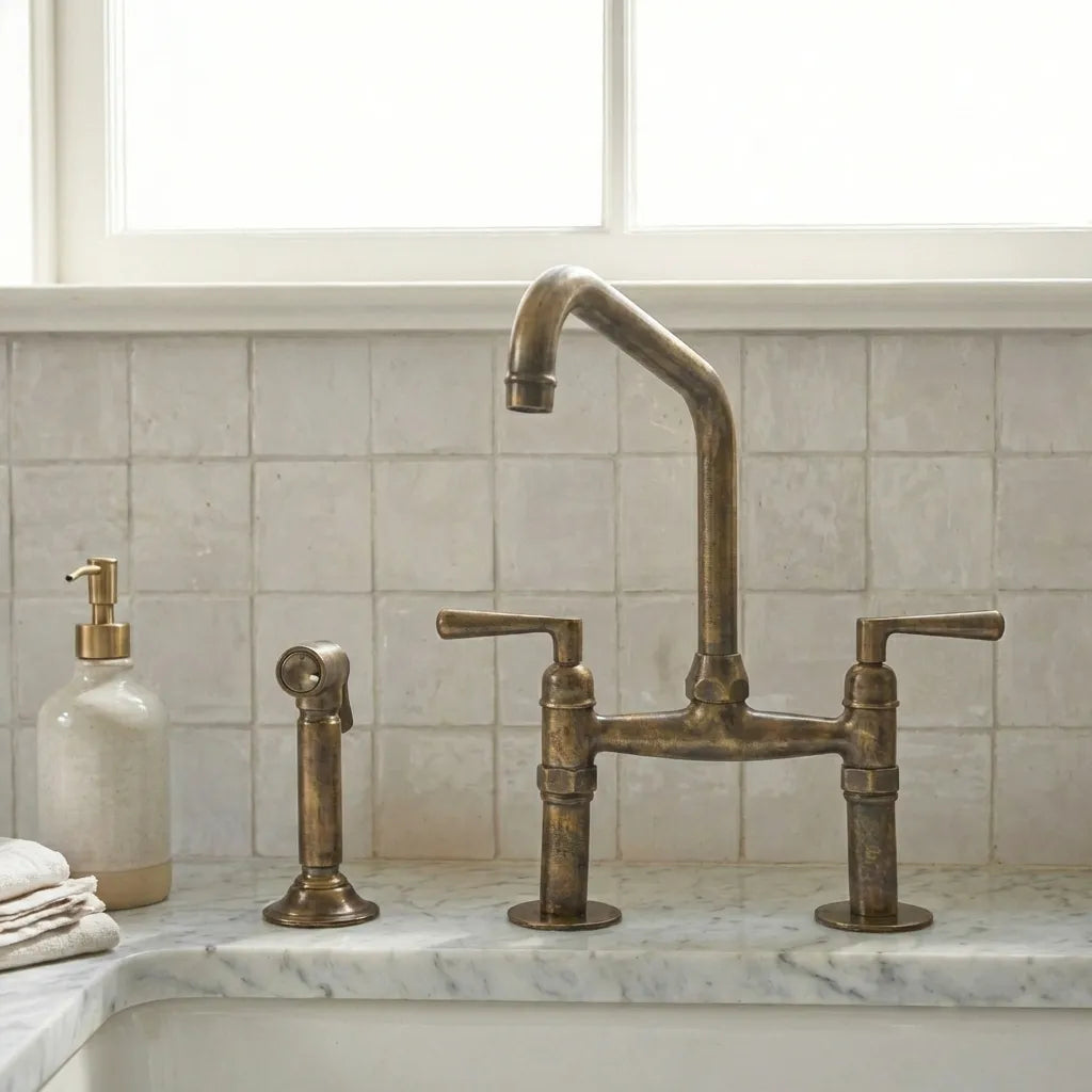 Handmade Antique Brass Bridge Kitchen Faucet