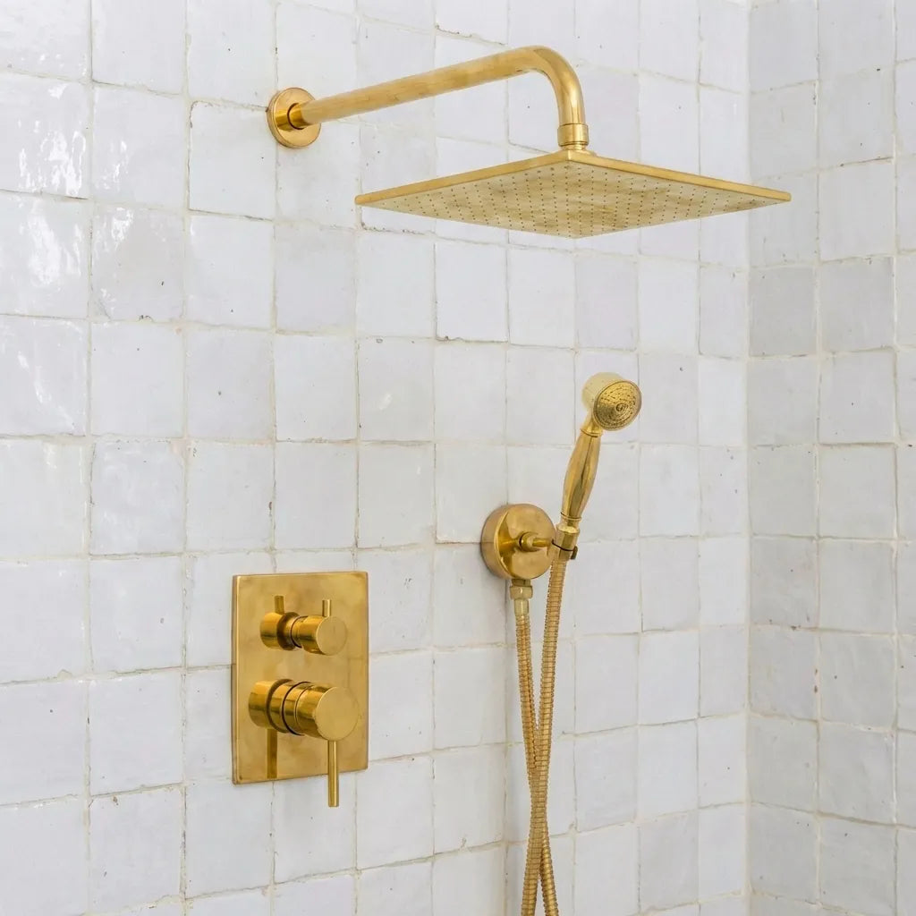 Luxury Unlacquered Brass Rain Shower System – Wall Mounted with Handheld Sprayer