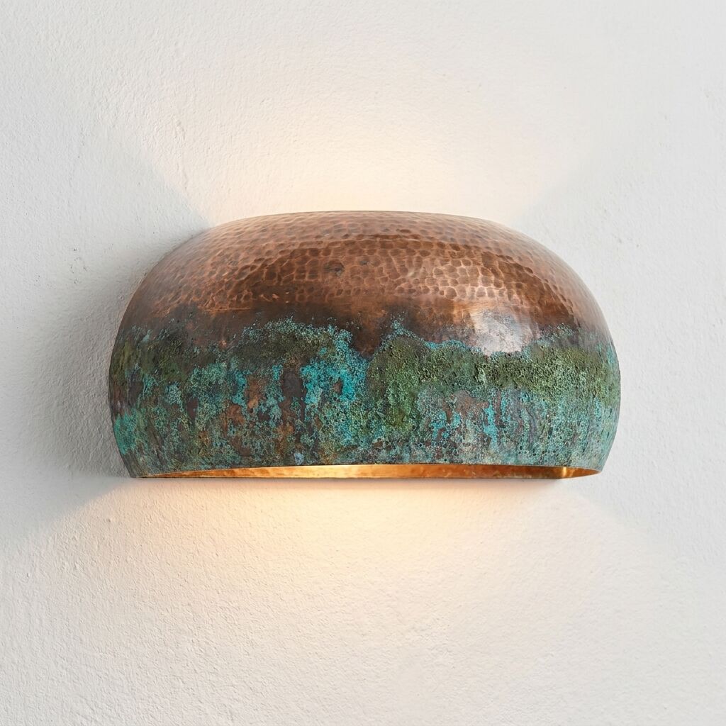 Hammered Copper Wall Sconce – Half Oxidized Green Patina Round Light