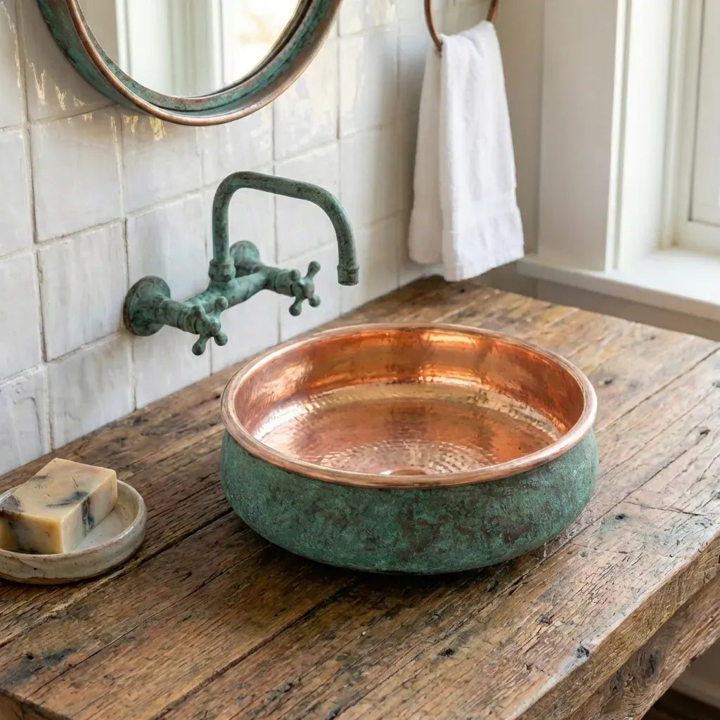 Hammered Copper Vessel Sink – Oxidized Verdigris Bathroom Basin