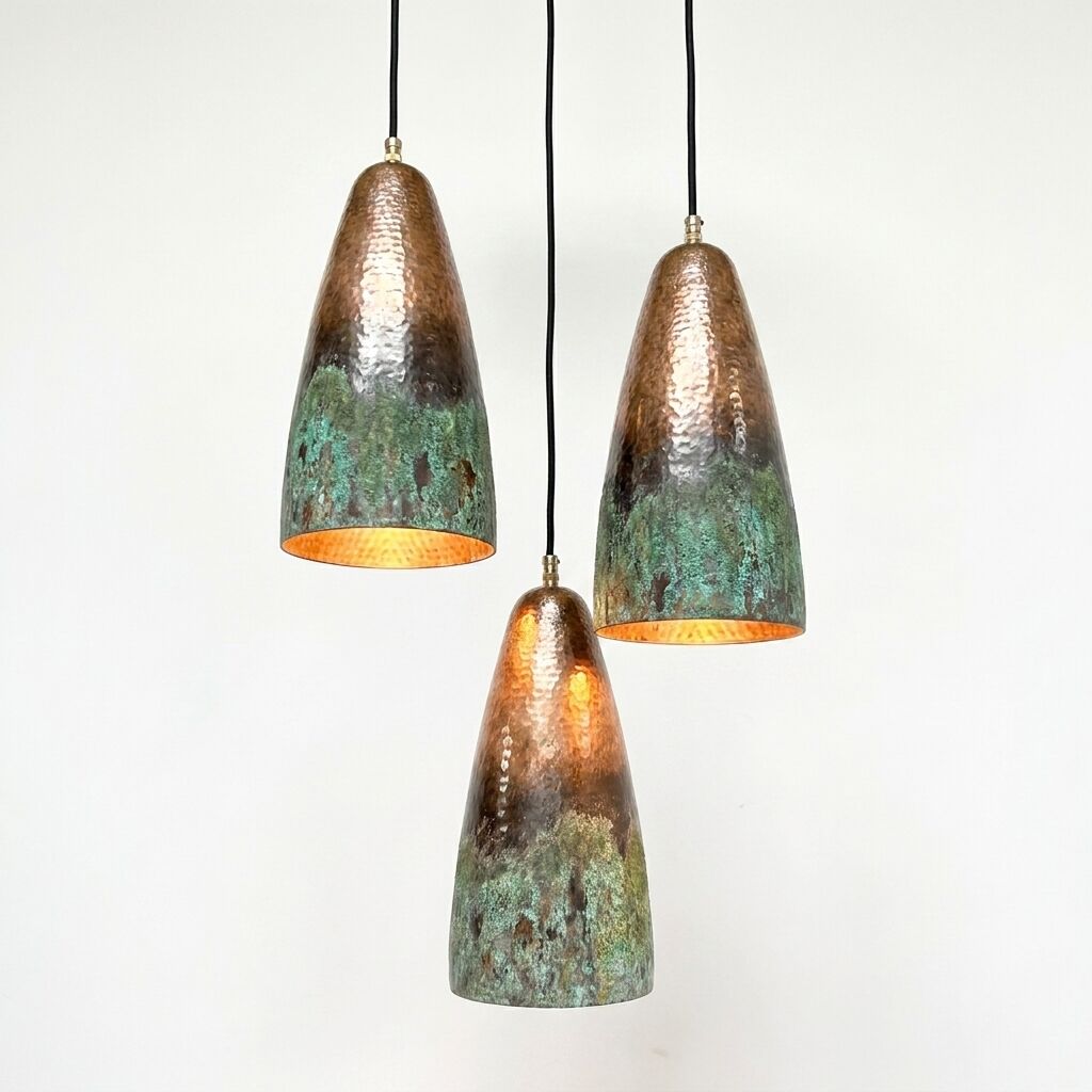 Set of 3 Long Drop Copper Pendants – Green Patina Farmhouse Lighting