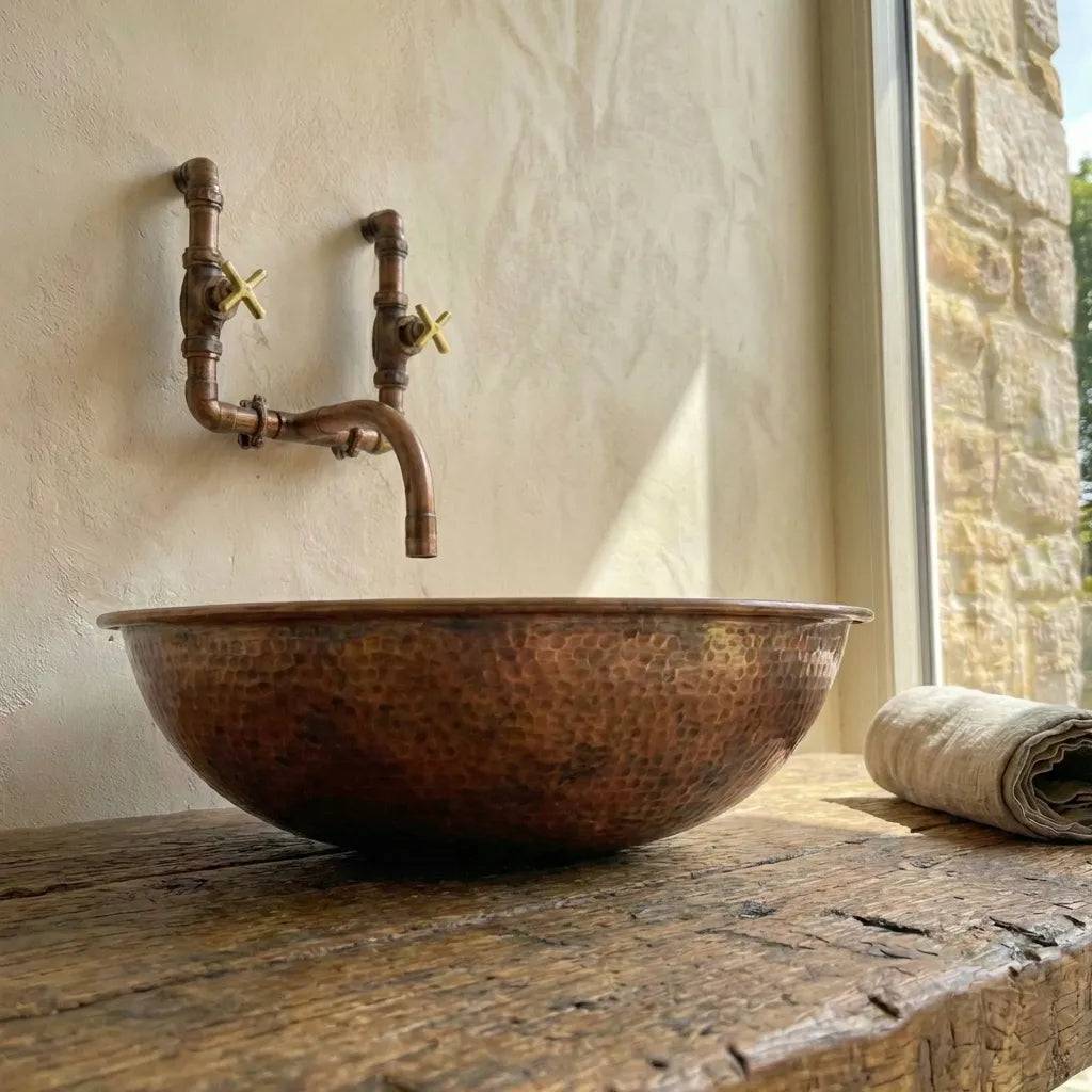 Round Copper Vessel Bathroom Sink, Vessel Hammered Copper Sink