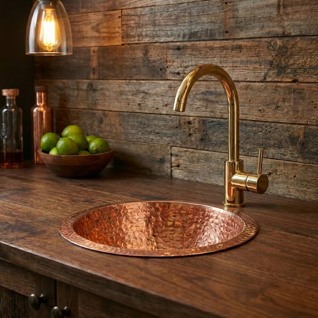 Copper Round Bar Sink, Hammered Copper Round Drum Bar Sink Including Drain