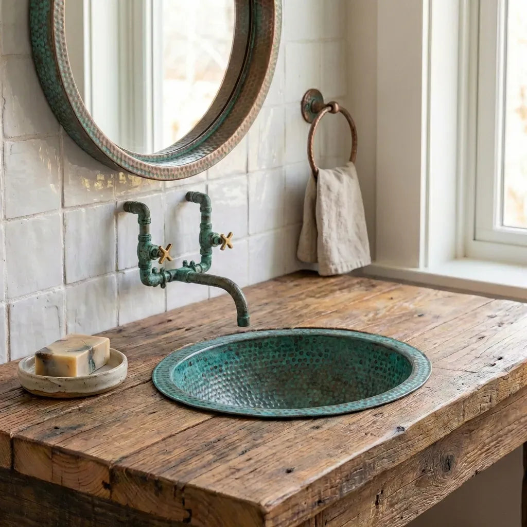 Hammered Green Patina Copper Drop-In Sink – Oxidized Bathroom Vessel Basin