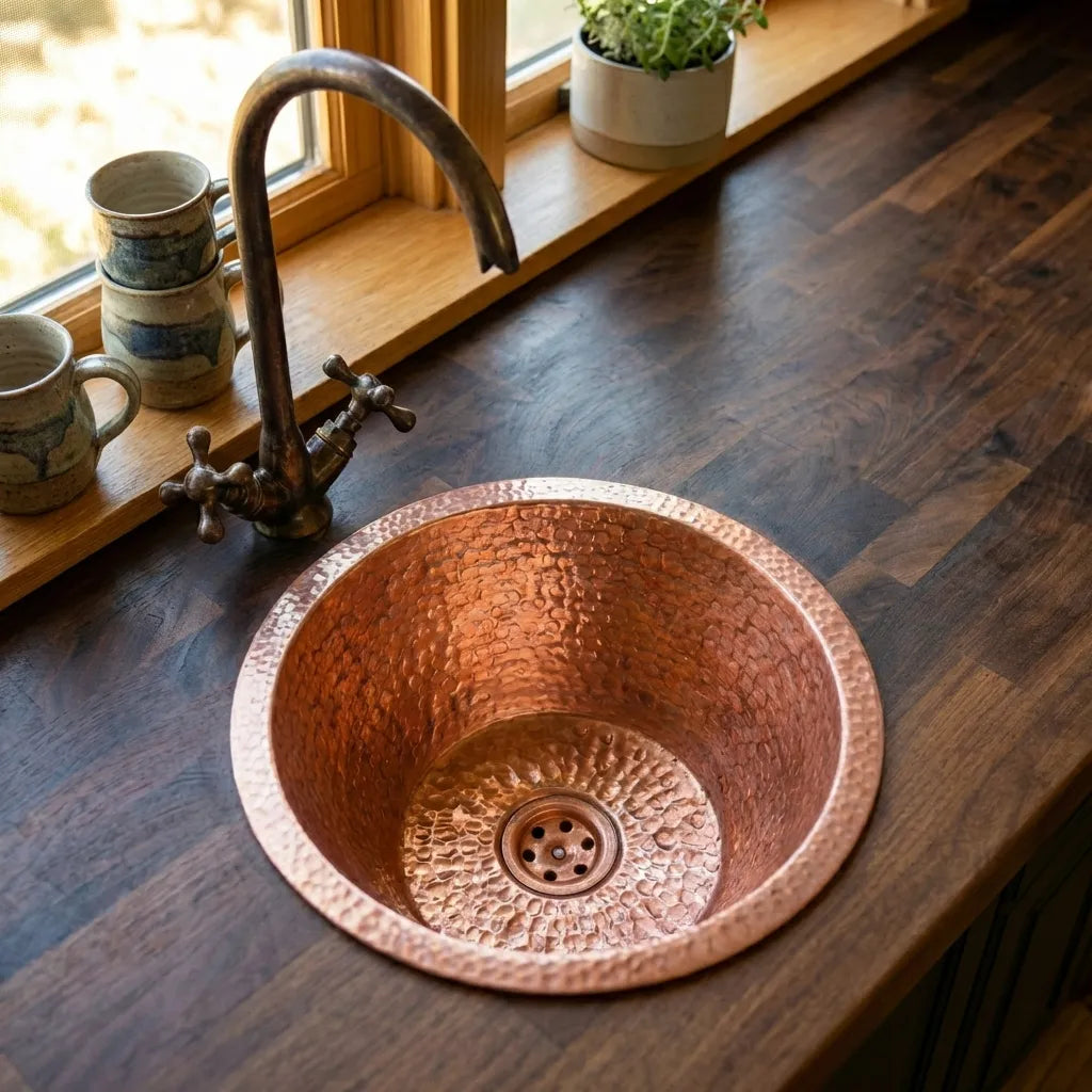 Round kitchen Sink, Hammered Copper Round Drum Bar Sink Including Drain