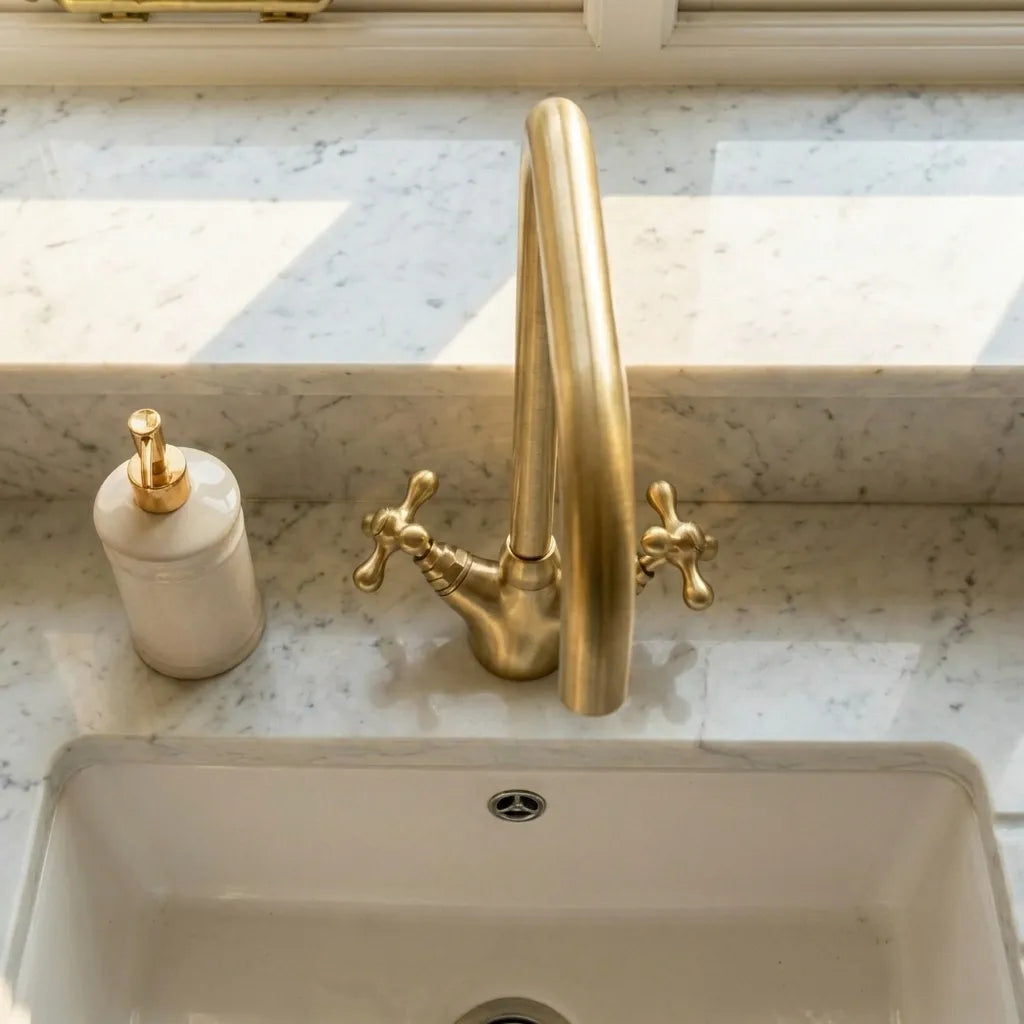 Solid Brass Gooseneck Bathroom Faucet Single Hole With Cross Handles