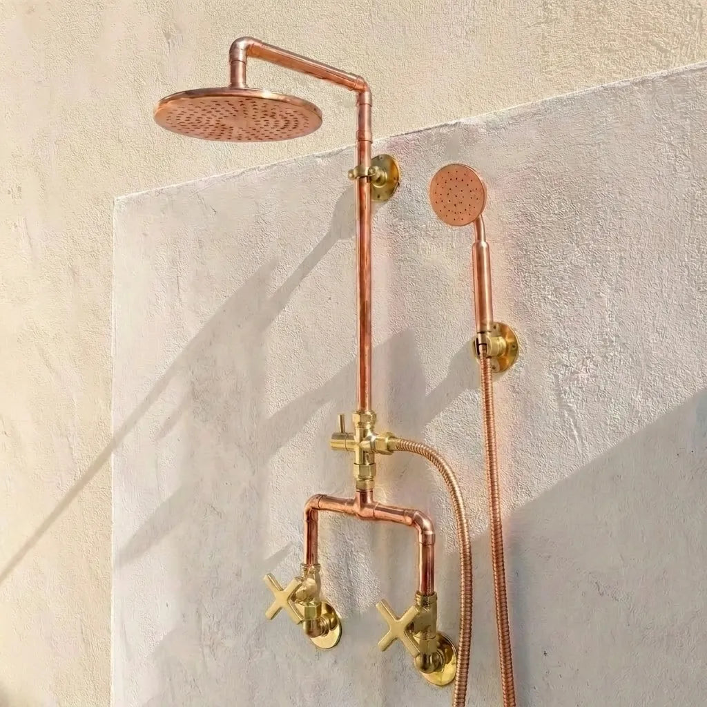 Outdoor Copper Shower System with Handheld Sprayer – Rustic Wall Mount Rain Shower Set